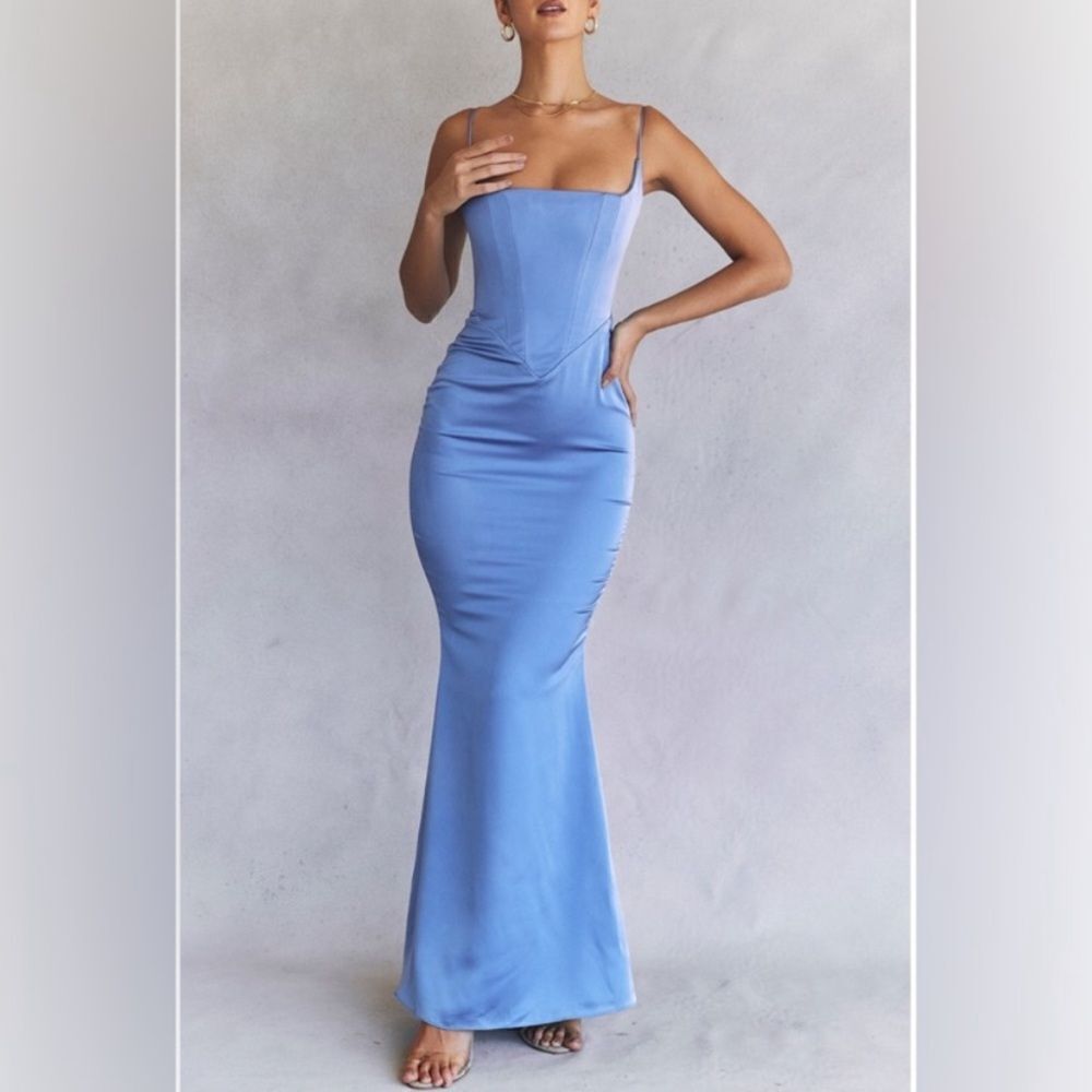 NWT House Of Cb Olivette Periwinkle Satin Maxi Blue Dress Corset Size XS - Picture 3 of 16